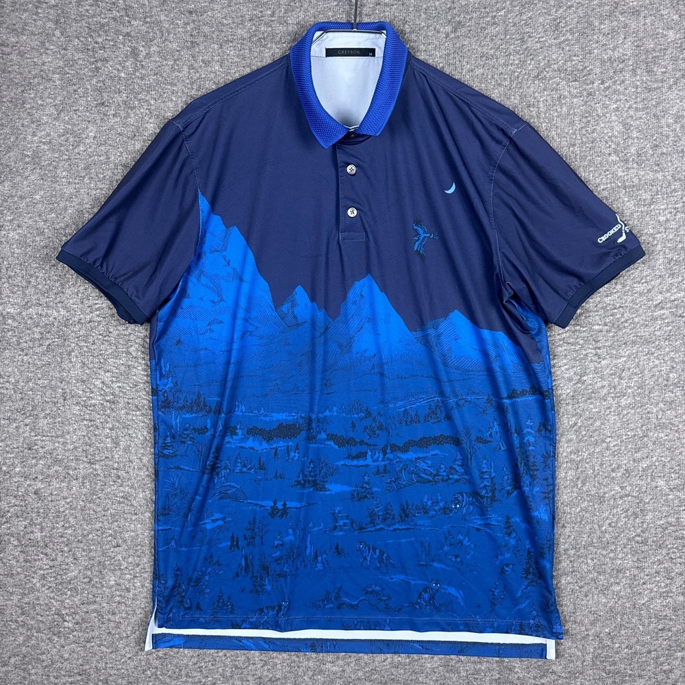 Greyson Polo Shirt Mens Medium Blue Nighthawk Erie All Over AOP Performance Golf